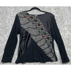 Vintage Yasuko Kurisaka Womens Top Kimono Patch Blouse Art To Wear Black M New